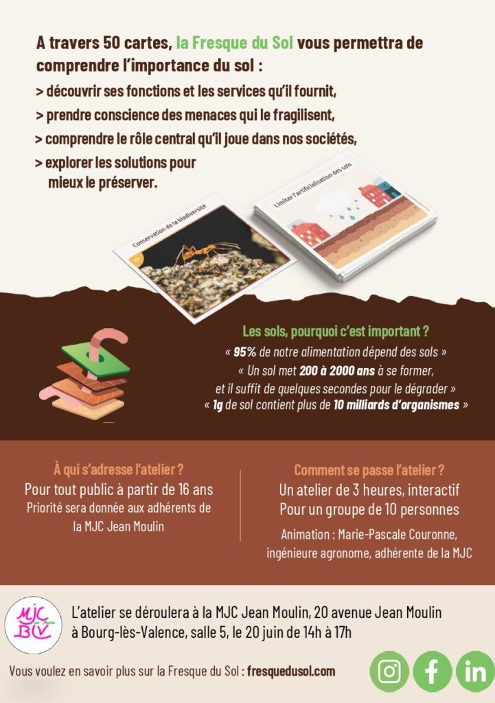 A travers 50 cartes, la Fresque du sol vous permettra de comprendre l'importance du sol. Pour tout public à partir de 16 ans