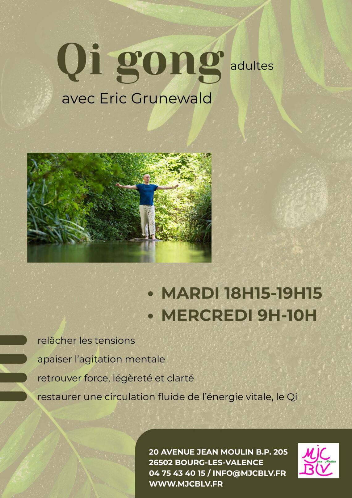 qi gong le mardi de 18h15 à 19h15 et le mercredi de 9h à 10h. Séance découverte le mardi 23 juin de 18h15 à 19h15