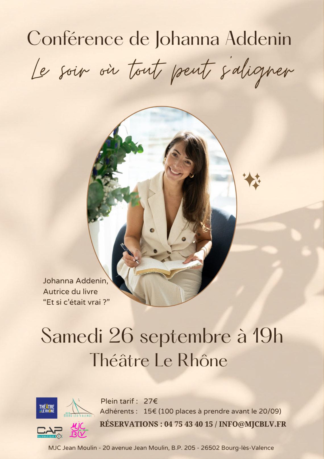 Conférence de Johanna Addenin samedi 26 septembre Pas un cours magistral. Pas du développement personnel en mode yaourt allégé. Du vrai, du cash, du "qui-remet-en-question" — avec bienveillance mais sans filtre. Ce soir là tout peut s'aligner pour toi : Corps, âme, vision — et si tu repartais enfin entier ? Pour ceux qui portent depuis trop longtemps la sensation que quelque chose ne s'est pas encore mis en place — c'est pour vous.